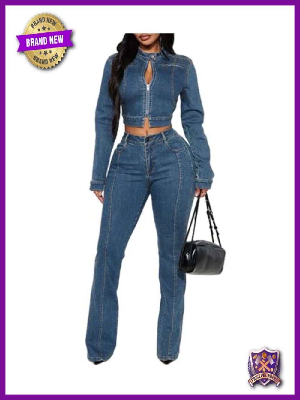 Women's Denim 2-Piece Set Zip Crop Top & Jean Pants Y2K Cowgirl Outfit